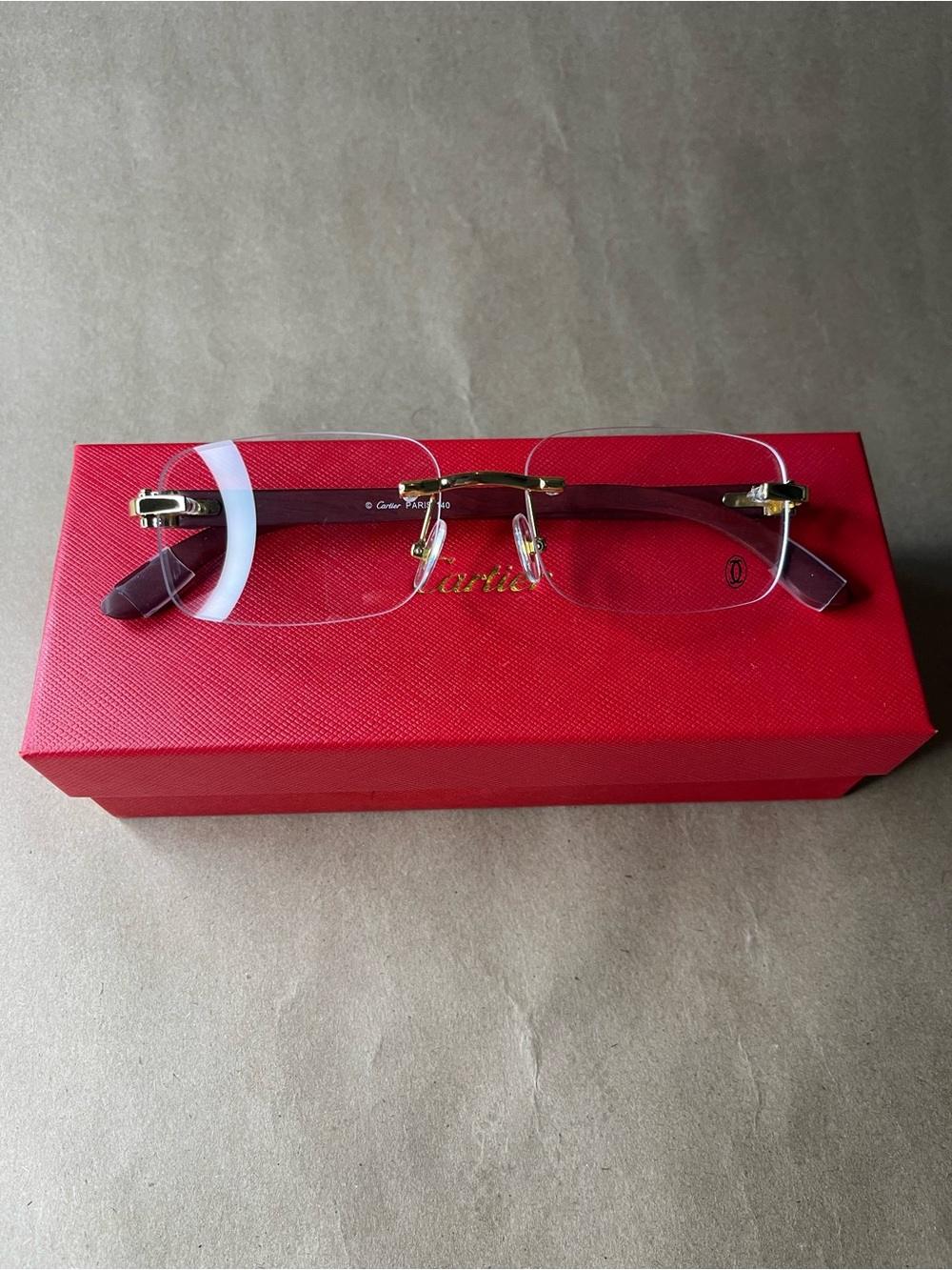 Cartier Sunglasses Clear Lens Woodgrain Rimless Frame